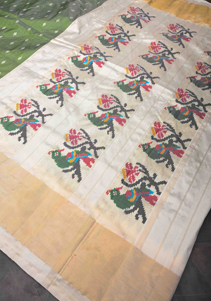 Muted Green Exquisite Ikkat Pure Silk Saree Saree with Meenakari Birds Tissue Border | SILK MARK CERTIFIED