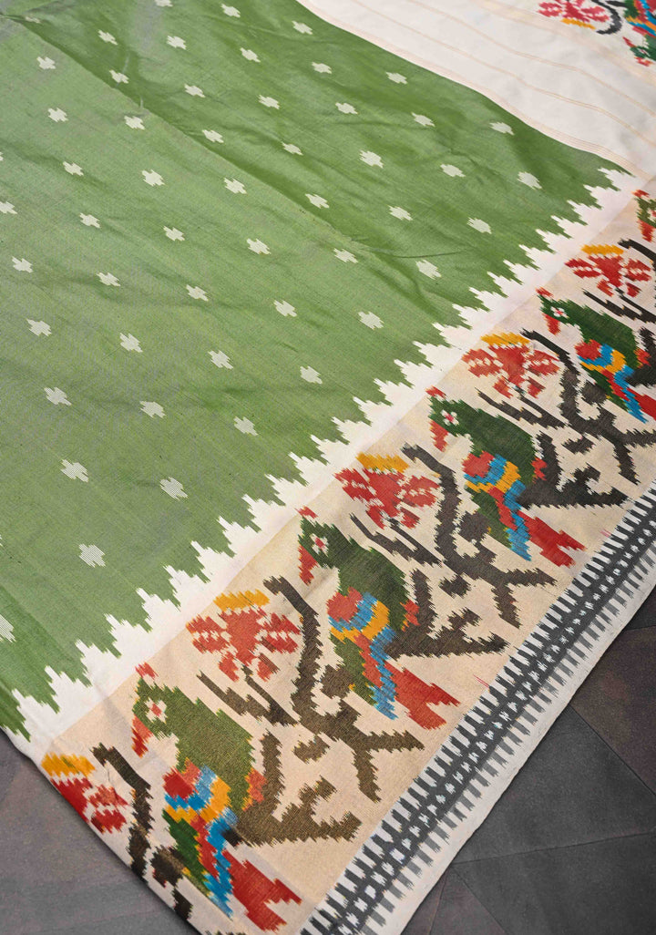 Muted Green Exquisite Ikkat Pure Silk Saree Saree with Meenakari Birds Tissue Border | SILK MARK CERTIFIED