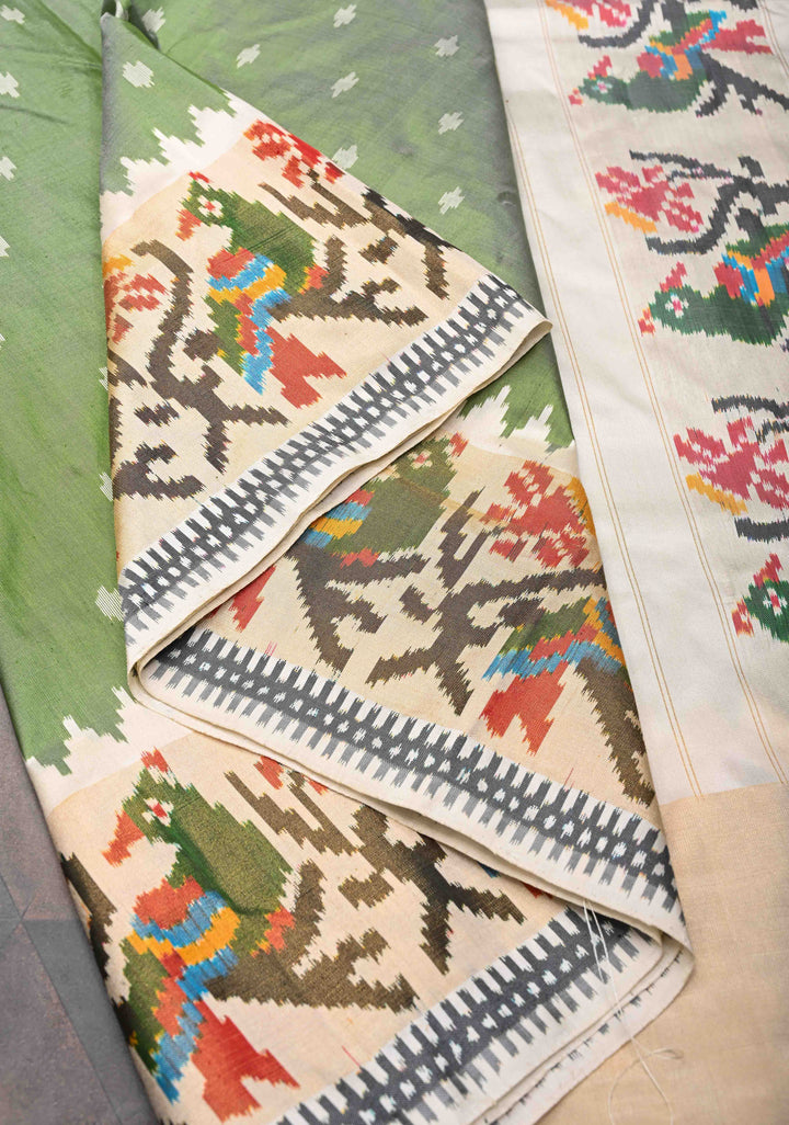Muted Green Exquisite Ikkat Pure Silk Saree Saree with Meenakari Birds Tissue Border | SILK MARK CERTIFIED