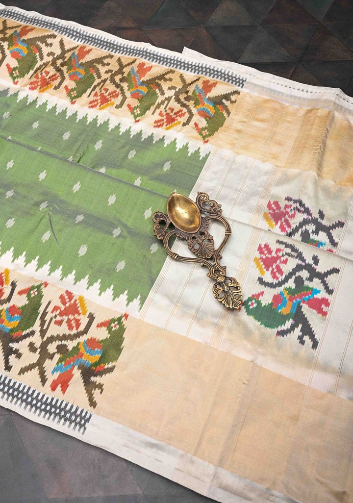 Muted Green Exquisite Ikkat Pure Silk Saree Saree with Meenakari Birds Tissue Border | SILK MARK CERTIFIED