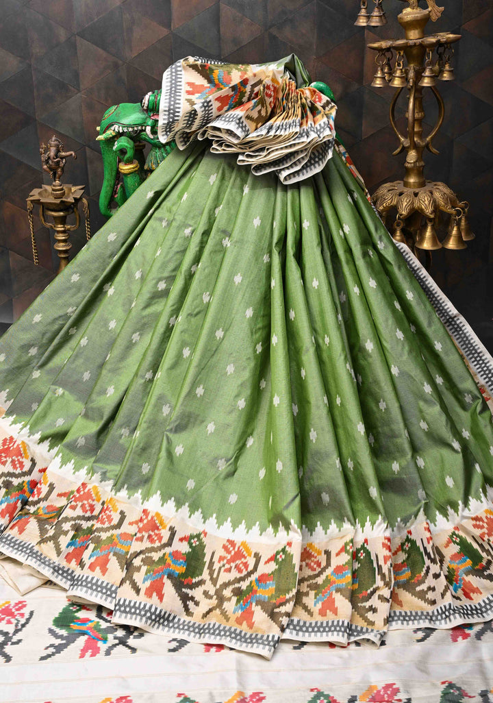 Muted Green Exquisite Ikkat Pure Silk Saree Saree with Meenakari Birds Tissue Border | SILK MARK CERTIFIED