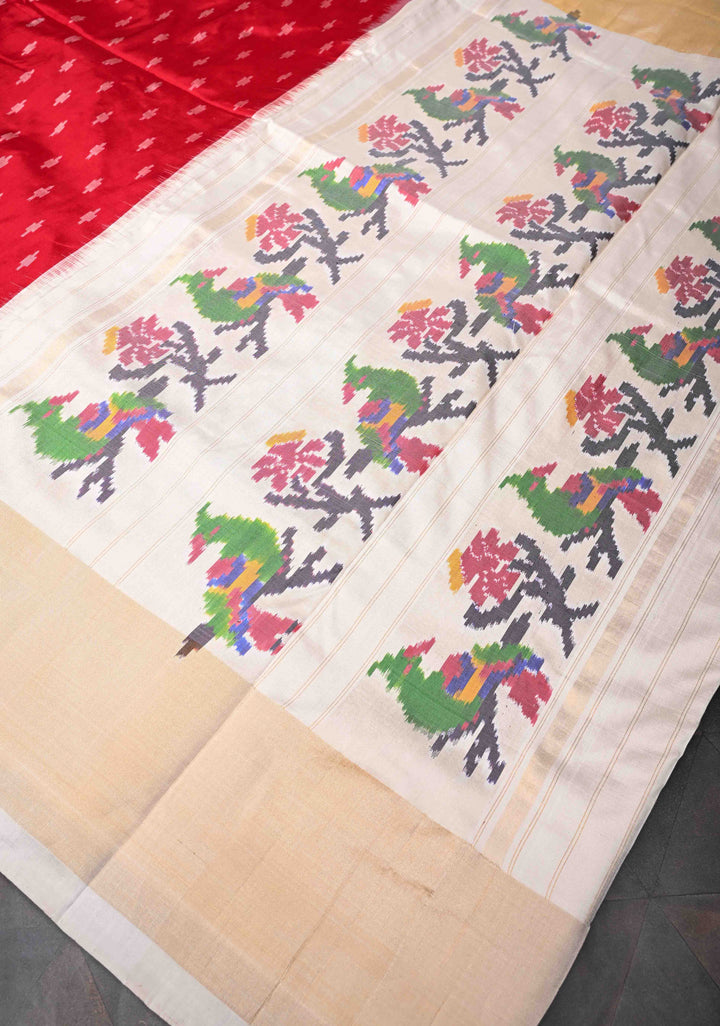 Red Exquisite Ikkat Pure Silk Saree Saree with Meenakari Birds Tissue Border | SILK MARK CERTIFIED