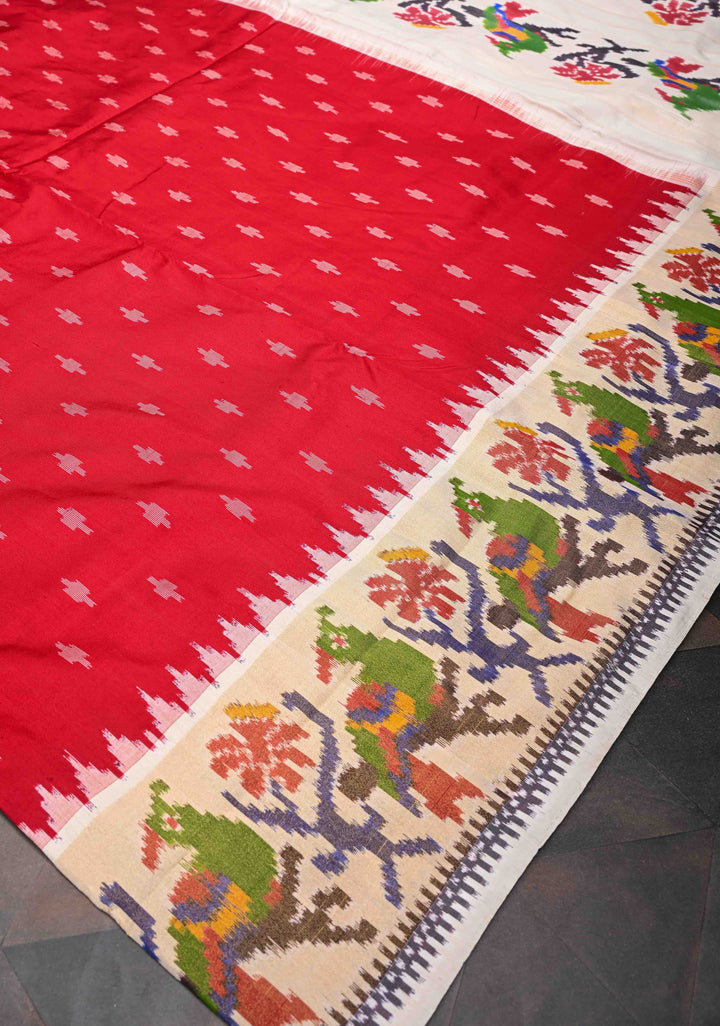 Red Exquisite Ikkat Pure Silk Saree Saree with Meenakari Birds Tissue Border | SILK MARK CERTIFIED