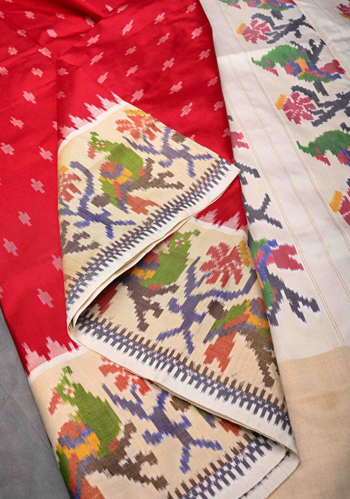 Red Exquisite Ikkat Pure Silk Saree Saree with Meenakari Birds Tissue Border | SILK MARK CERTIFIED