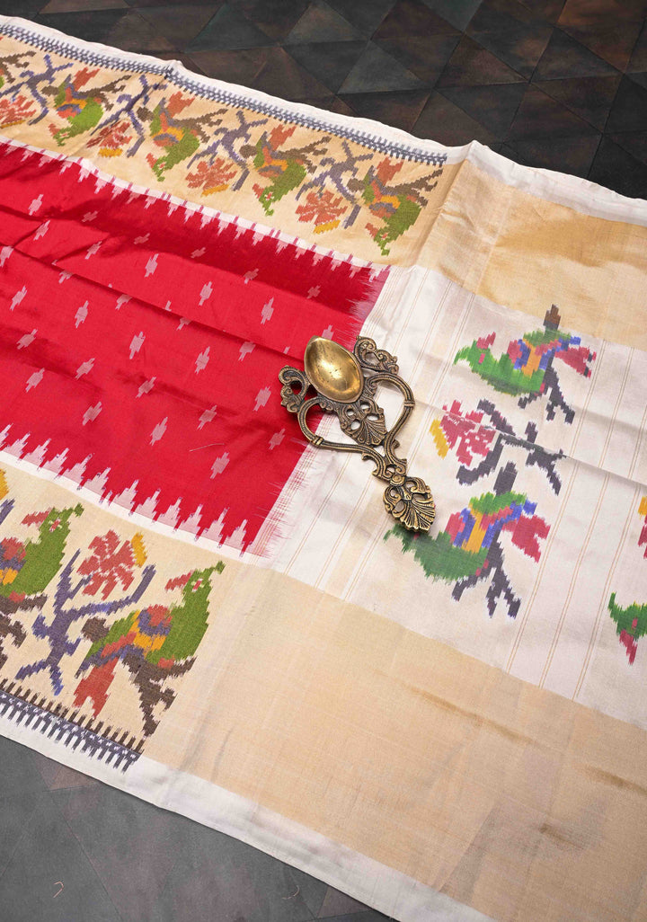 Red Exquisite Ikkat Pure Silk Saree Saree with Meenakari Birds Tissue Border | SILK MARK CERTIFIED
