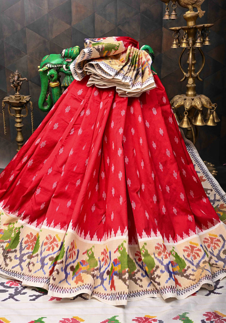 Red Exquisite Ikkat Pure Silk Saree Saree with Meenakari Birds Tissue Border | SILK MARK CERTIFIED