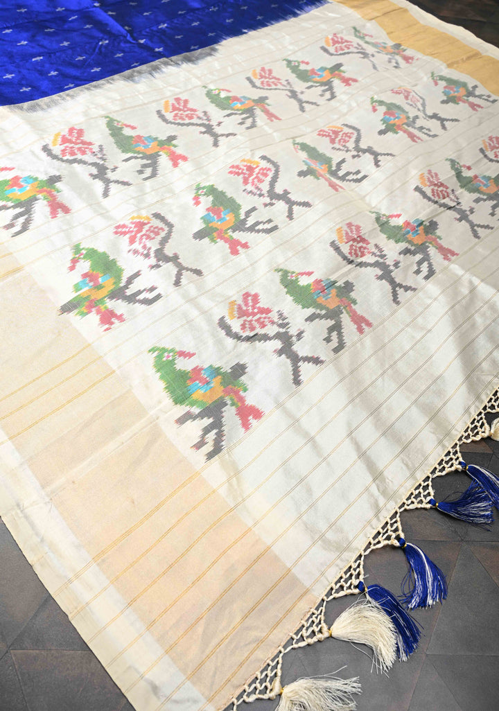 Exquisite Royal Blue Ikkat Pure Silk Saree Saree with Meenakari Birds Tissue Border | SILK MARK CERTIFIED