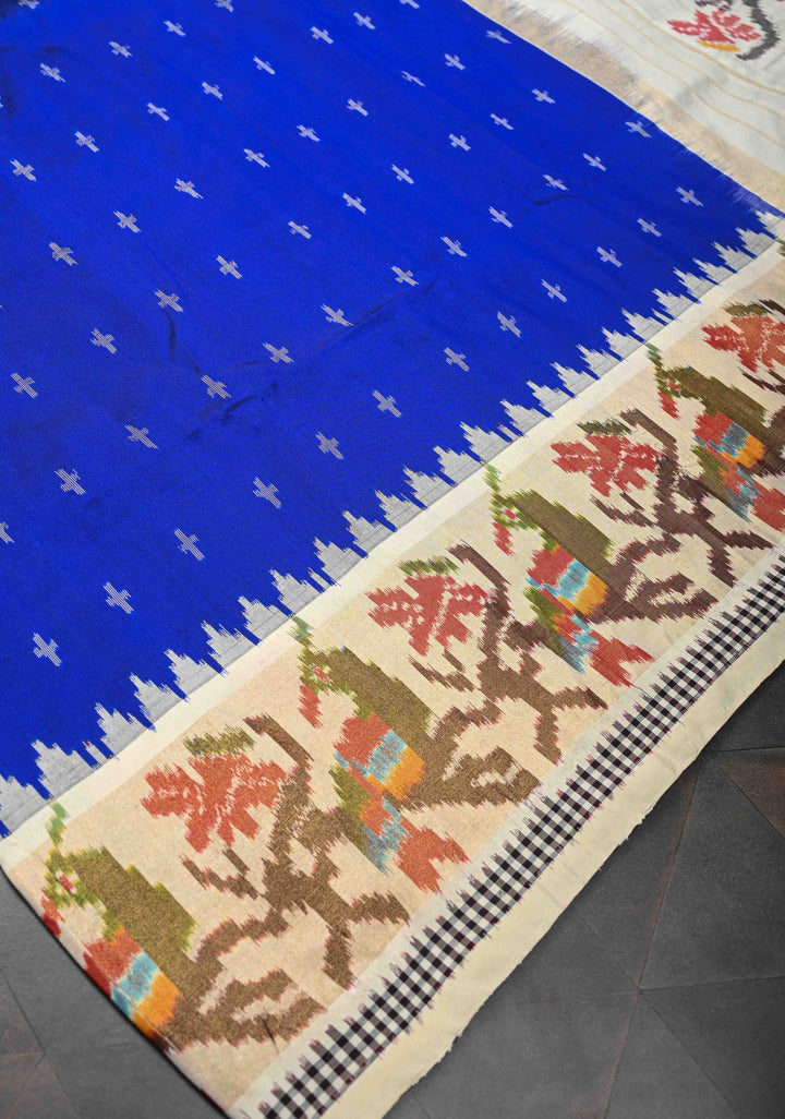 Exquisite Royal Blue Ikkat Pure Silk Saree Saree with Meenakari Birds Tissue Border | SILK MARK CERTIFIED