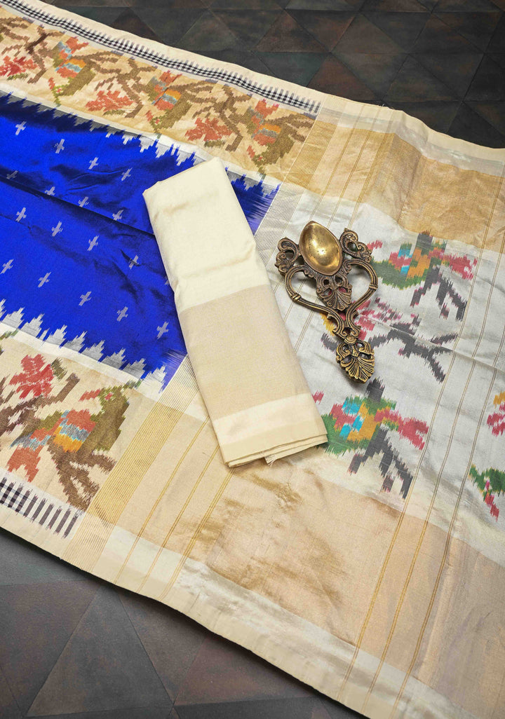 Exquisite Royal Blue Ikkat Pure Silk Saree Saree with Meenakari Birds Tissue Border | SILK MARK CERTIFIED