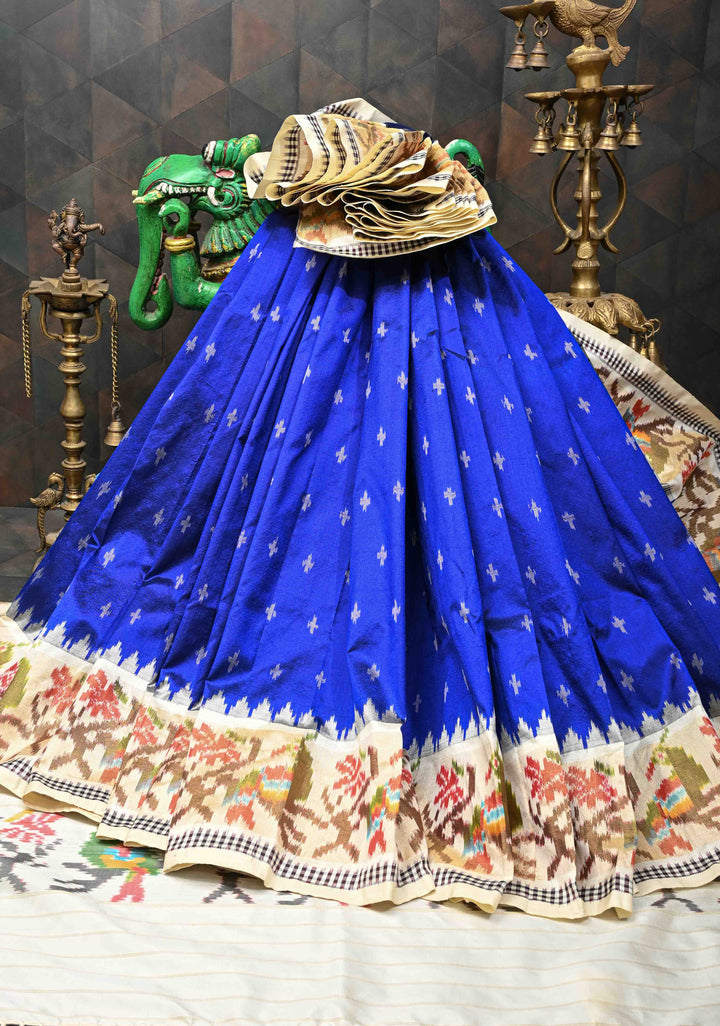 Exquisite Royal Blue Ikkat Pure Silk Saree Saree with Meenakari Birds Tissue Border | SILK MARK CERTIFIED