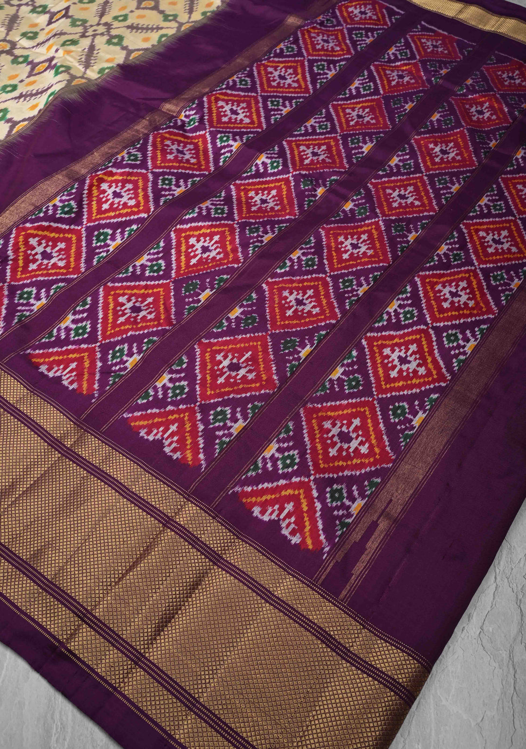 Beige Ikkat Patola Pure Silk Saree with Contrast Zari Border | SILK MARK CERTIFIED