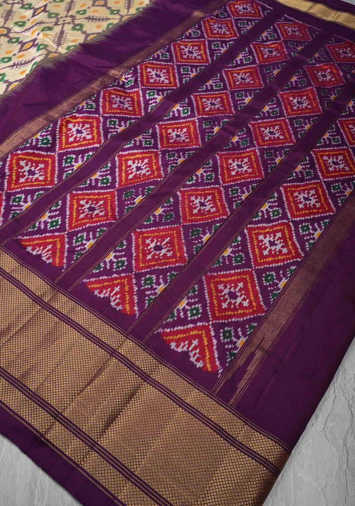 Beige Ikkat Patola Pure Silk Saree with Contrast Zari Border | SILK MARK CERTIFIED