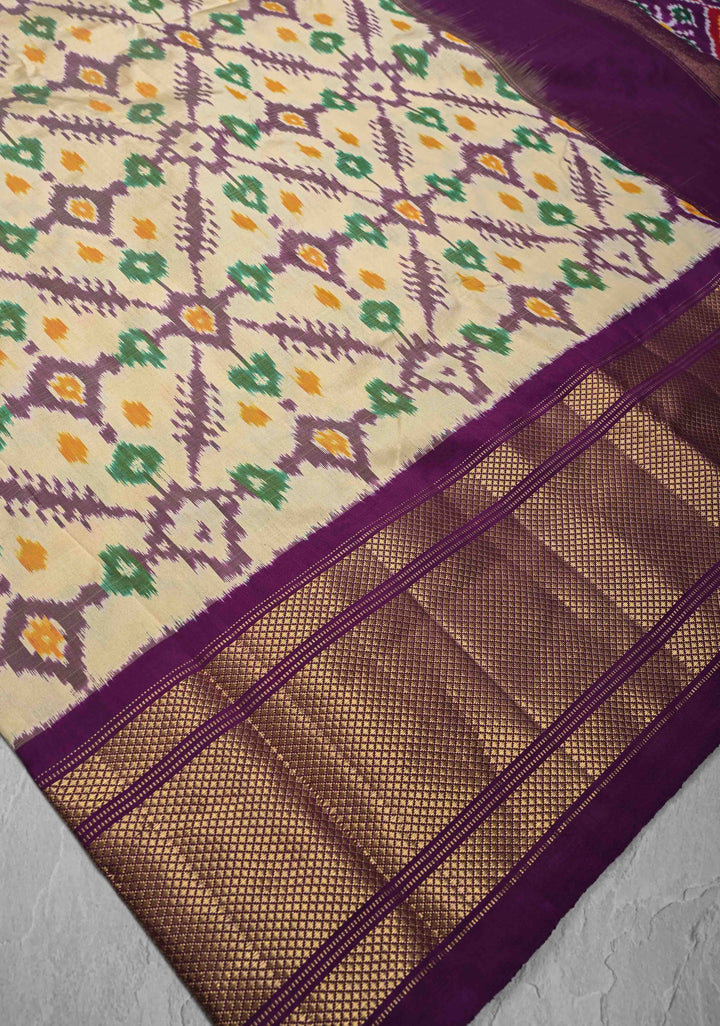 Beige Ikkat Patola Pure Silk Saree with Contrast Zari Border | SILK MARK CERTIFIED