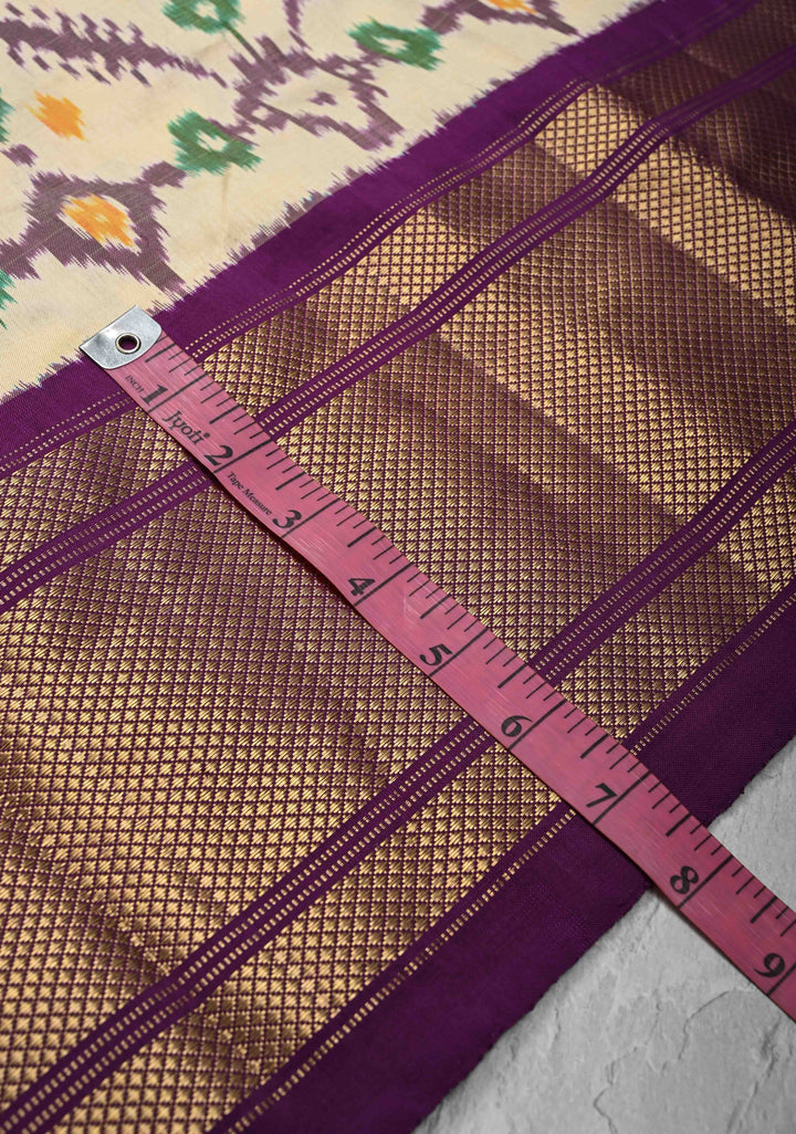 Beige Ikkat Patola Pure Silk Saree with Contrast Zari Border | SILK MARK CERTIFIED