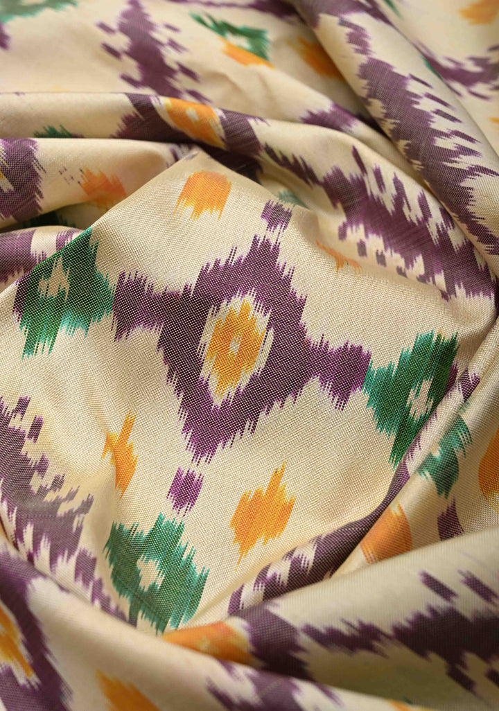 Beige Ikkat Patola Pure Silk Saree with Contrast Zari Border | SILK MARK CERTIFIED
