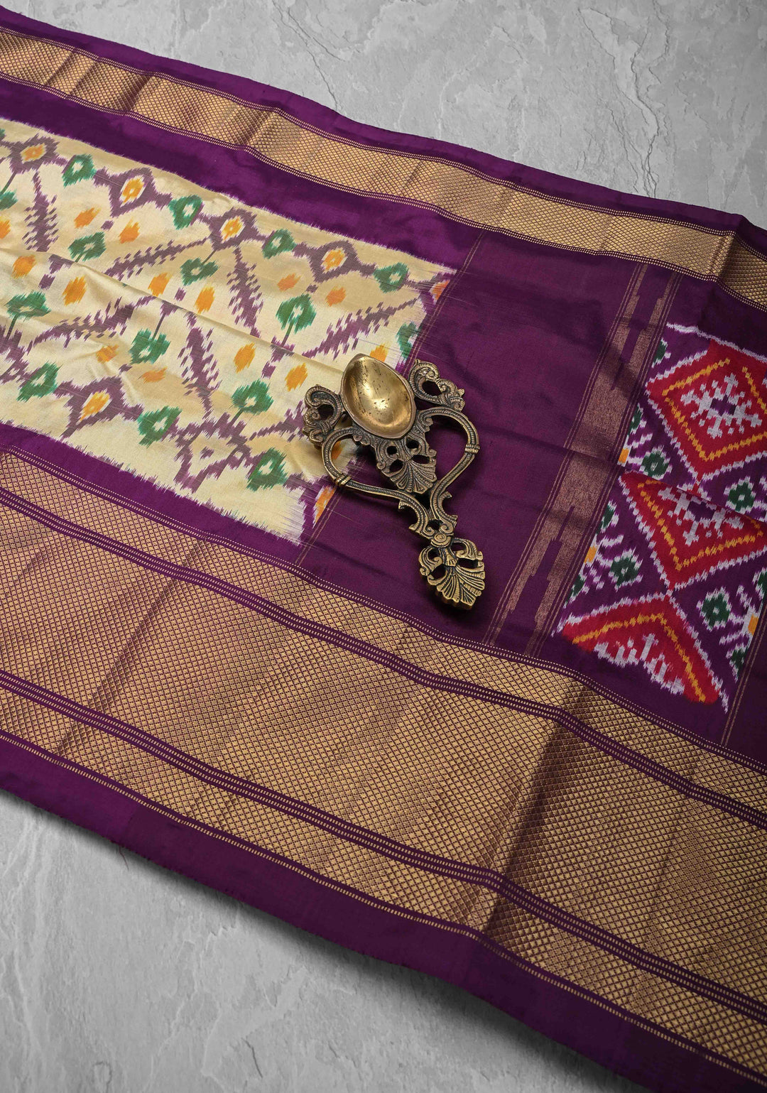 Beige Ikkat Patola Pure Silk Saree with Contrast Zari Border | SILK MARK CERTIFIED