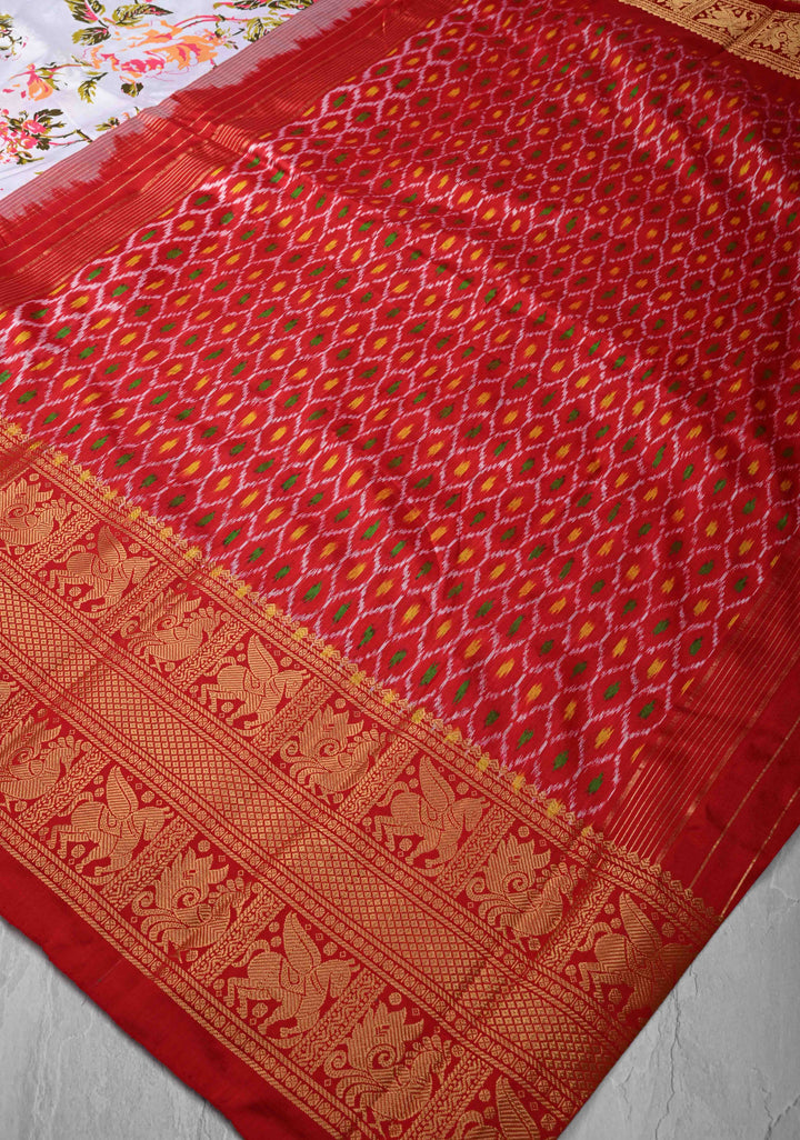 White Digitial Print Ikkat Kanjivaram Fusion Silk Saree with Ikkat Pallu and Zari Border | SILK MARK CERTIFIED