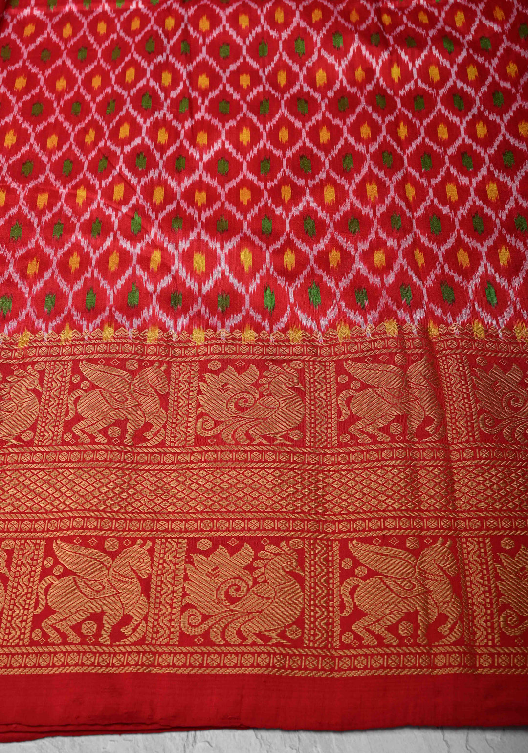 White Digitial Print Ikkat Kanjivaram Fusion Silk Saree with Ikkat Pallu and Zari Border | SILK MARK CERTIFIED