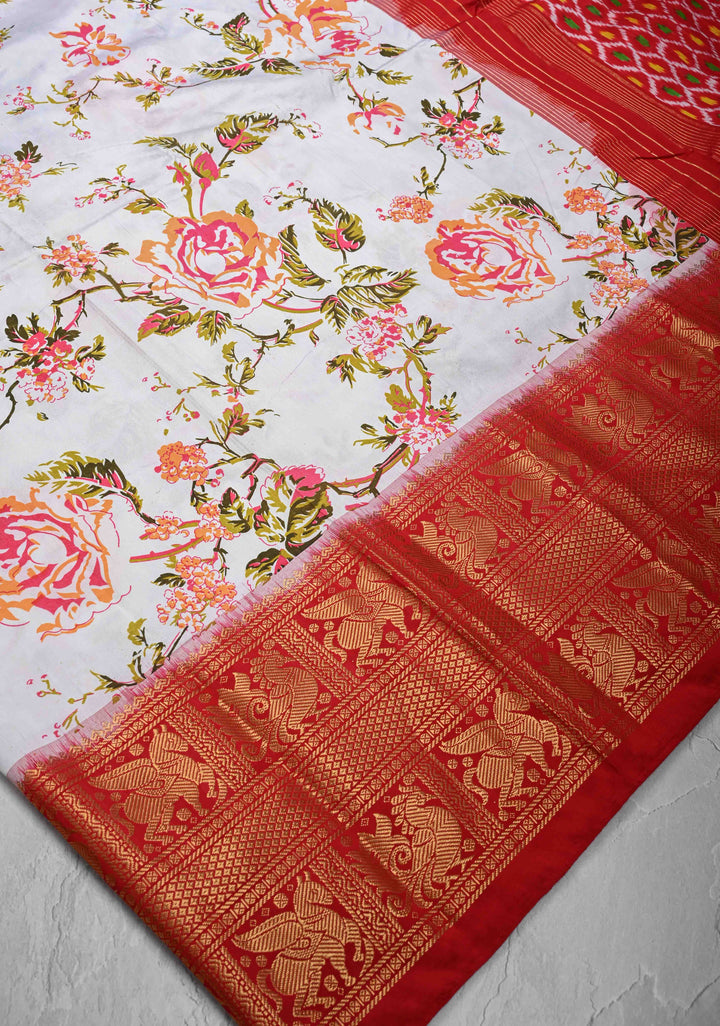 White Digitial Print Ikkat Kanjivaram Fusion Silk Saree with Ikkat Pallu and Zari Border | SILK MARK CERTIFIED