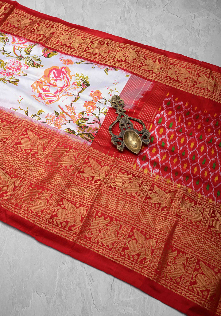 White Digitial Print Ikkat Kanjivaram Fusion Silk Saree with Ikkat Pallu and Zari Border | SILK MARK CERTIFIED
