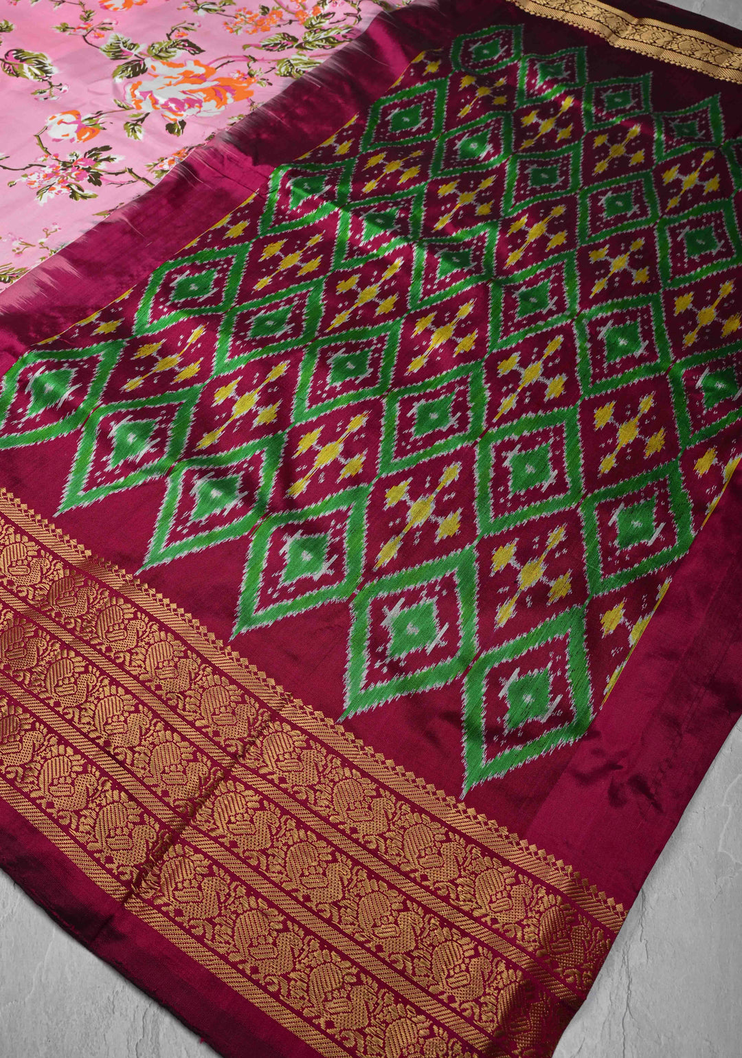 Pink Digitial Print Ikkat Kanjivaram Fusion Silk Saree with Ikkat Pallu and Zari Border | SILK MARK CERTIFIED