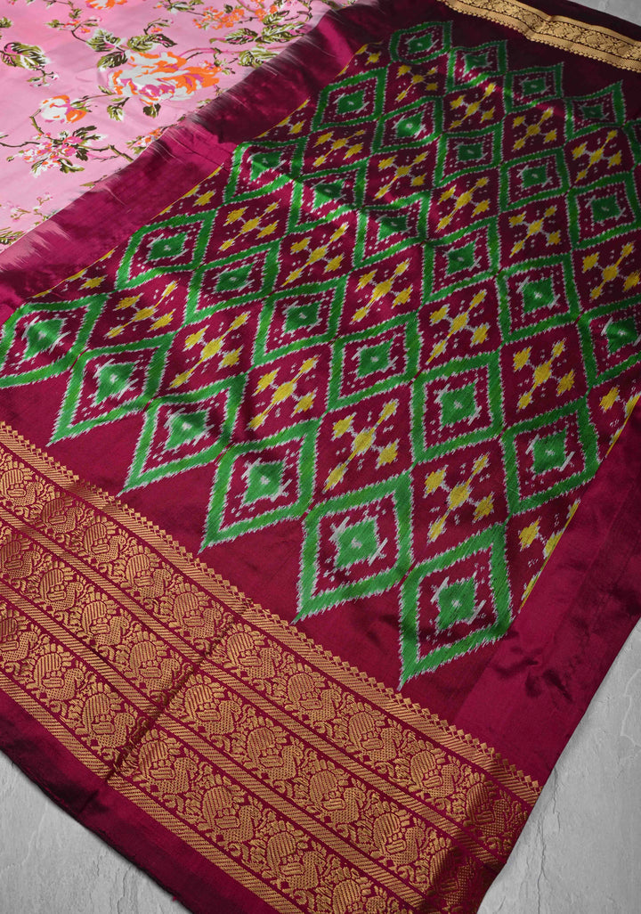 Pink Digitial Print Ikkat Kanjivaram Fusion Silk Saree with Ikkat Pallu and Zari Border | SILK MARK CERTIFIED
