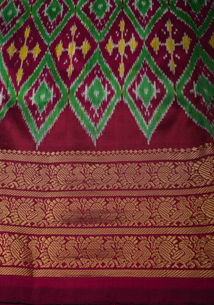 Pink Digitial Print Ikkat Kanjivaram Fusion Silk Saree with Ikkat Pallu and Zari Border | SILK MARK CERTIFIED