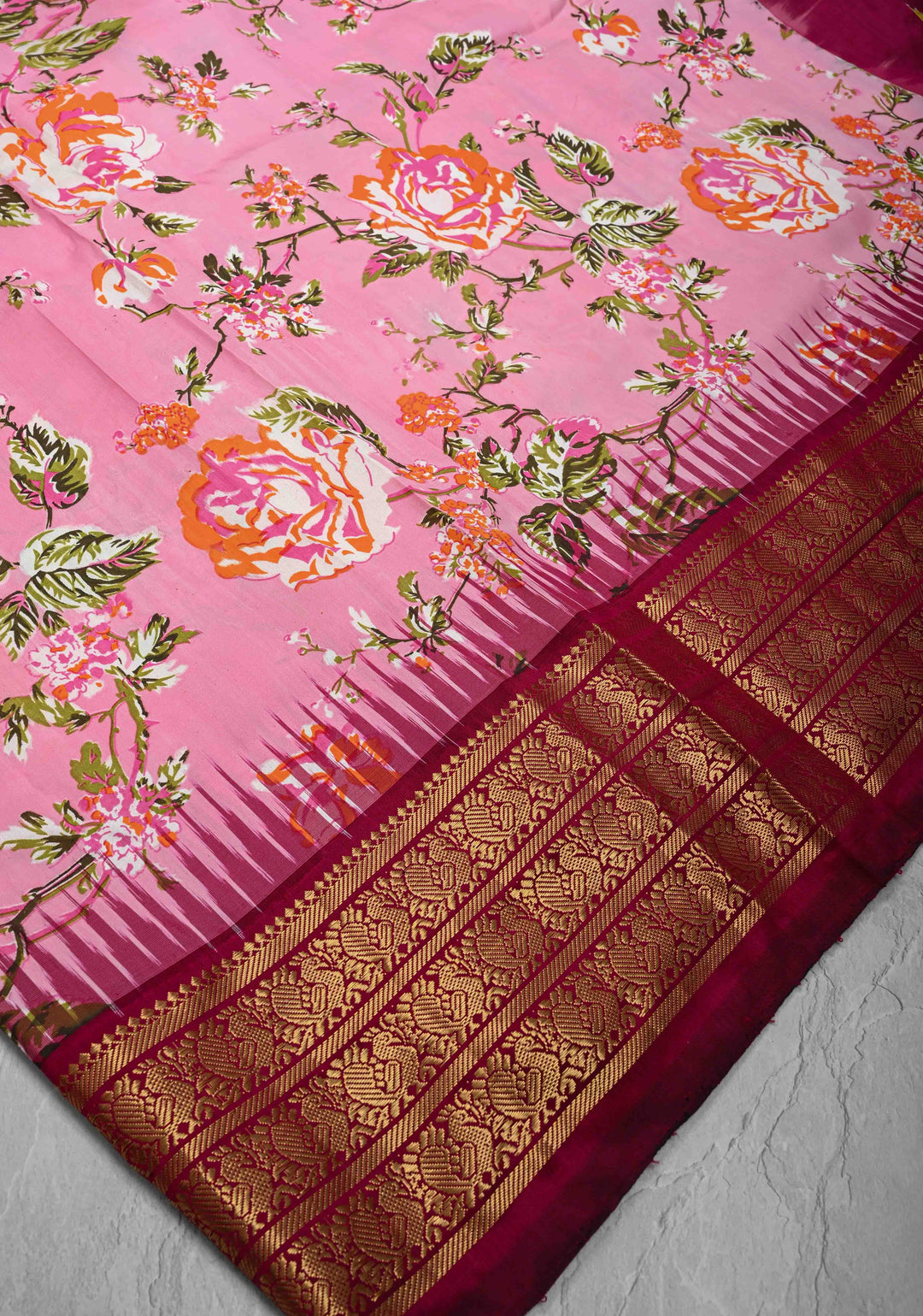 Pink Digitial Print Ikkat Kanjivaram Fusion Silk Saree with Ikkat Pallu and Zari Border | SILK MARK CERTIFIED