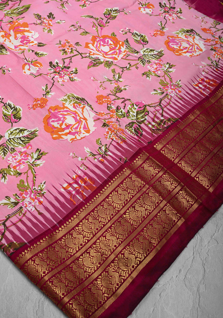 Pink Digitial Print Ikkat Kanjivaram Fusion Silk Saree with Ikkat Pallu and Zari Border | SILK MARK CERTIFIED