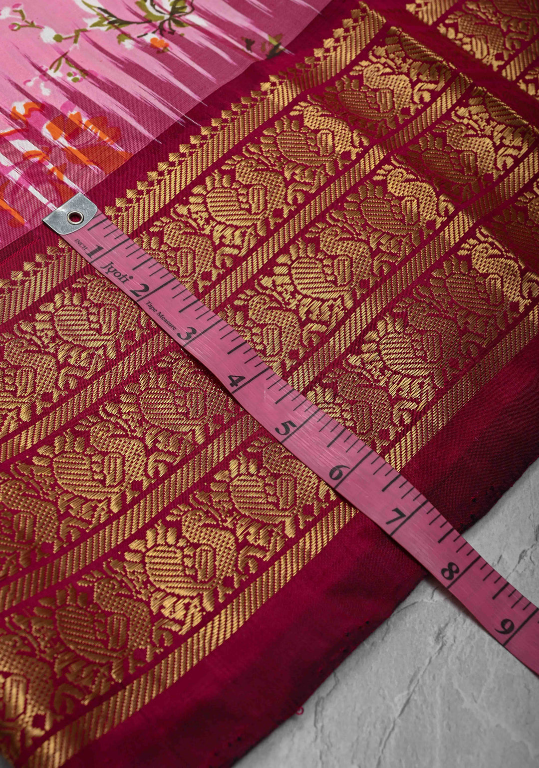 Pink Digitial Print Ikkat Kanjivaram Fusion Silk Saree with Ikkat Pallu and Zari Border | SILK MARK CERTIFIED