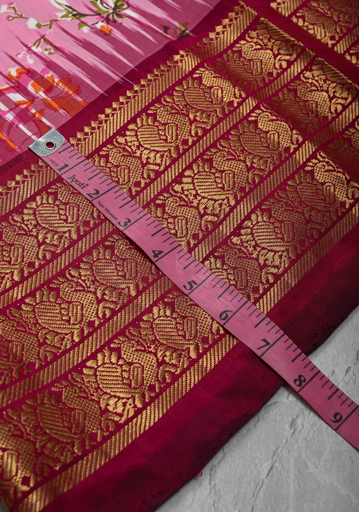 Pink Digitial Print Ikkat Kanjivaram Fusion Silk Saree with Ikkat Pallu and Zari Border | SILK MARK CERTIFIED