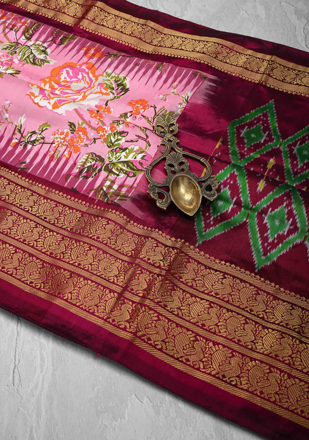 Pink Digitial Print Ikkat Kanjivaram Fusion Silk Saree with Ikkat Pallu and Zari Border | SILK MARK CERTIFIED