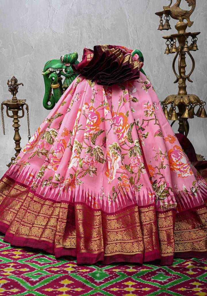 Pink Digitial Print Ikkat Kanjivaram Fusion Silk Saree with Ikkat Pallu and Zari Border | SILK MARK CERTIFIED