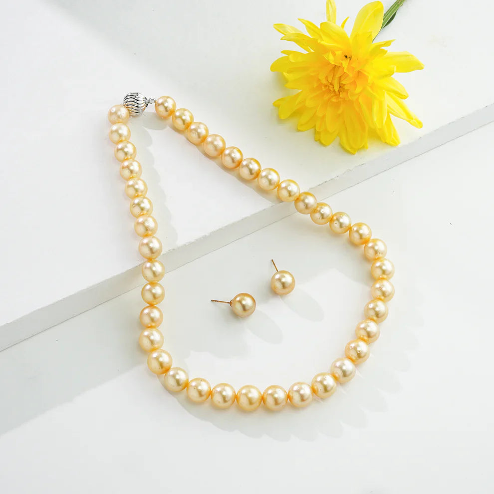 12.0-13.0mm Golden Round South Sea Pearls Necklace Set - AAA Quality