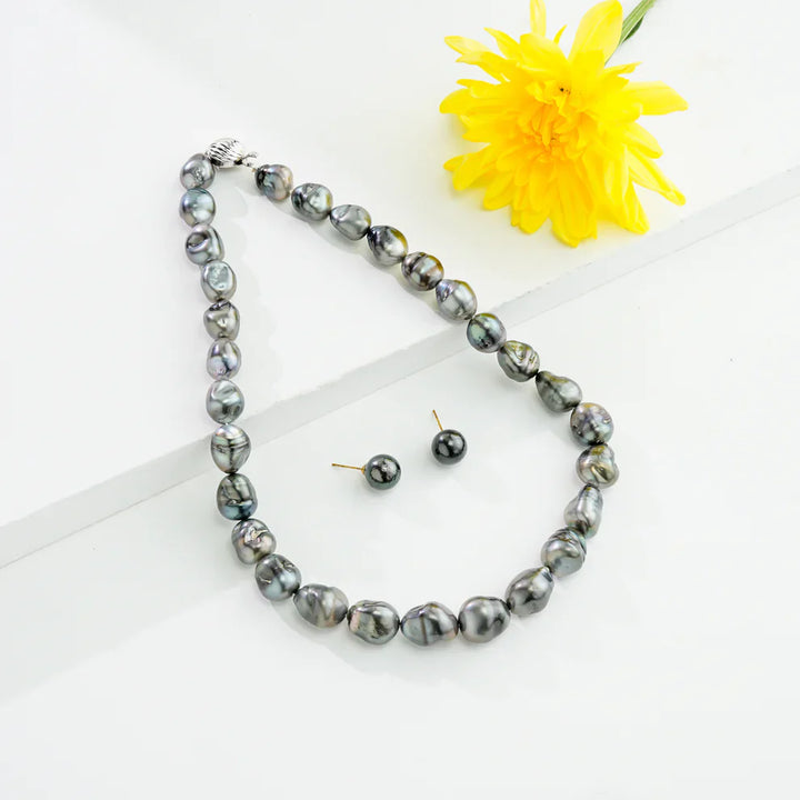 15.0-16.0mm Black Baroque Tahitian Saltwater Pearls Necklace Set - A Quality