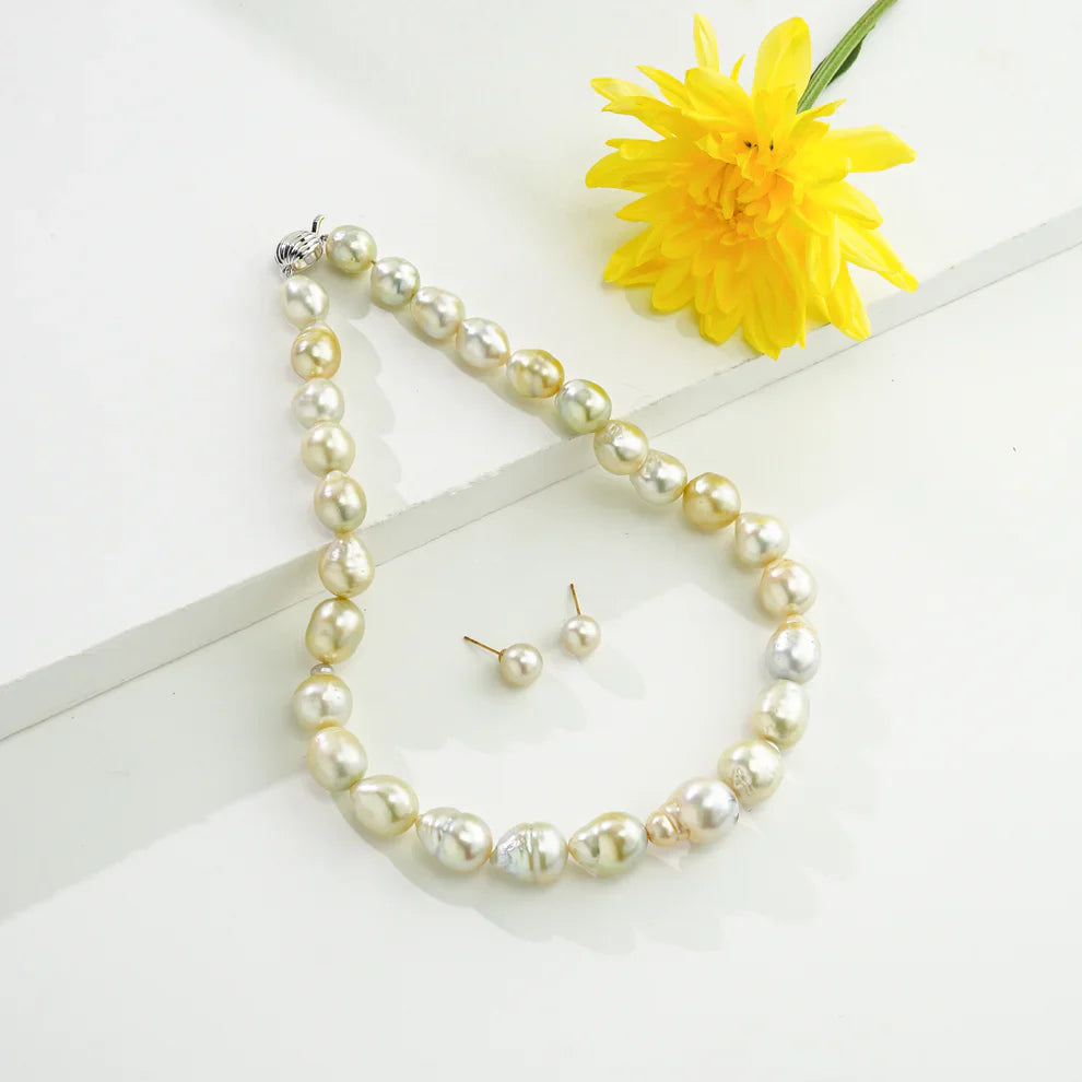 14.0-15.0mm Baroque Cream Saltwater South Sea Pearls Necklace Set-A Quality