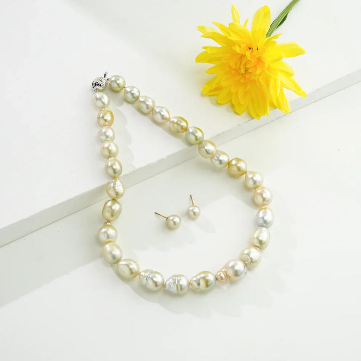 14.0-15.0mm Baroque Cream Saltwater South Sea Pearls Necklace Set-A Quality