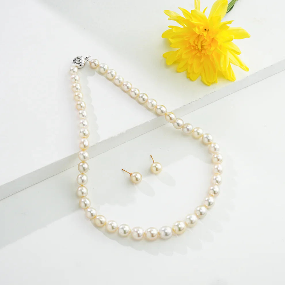 10.0-11.00mm Cream Near Round Grading South Sea Pearls Necklace Set-AA Quality