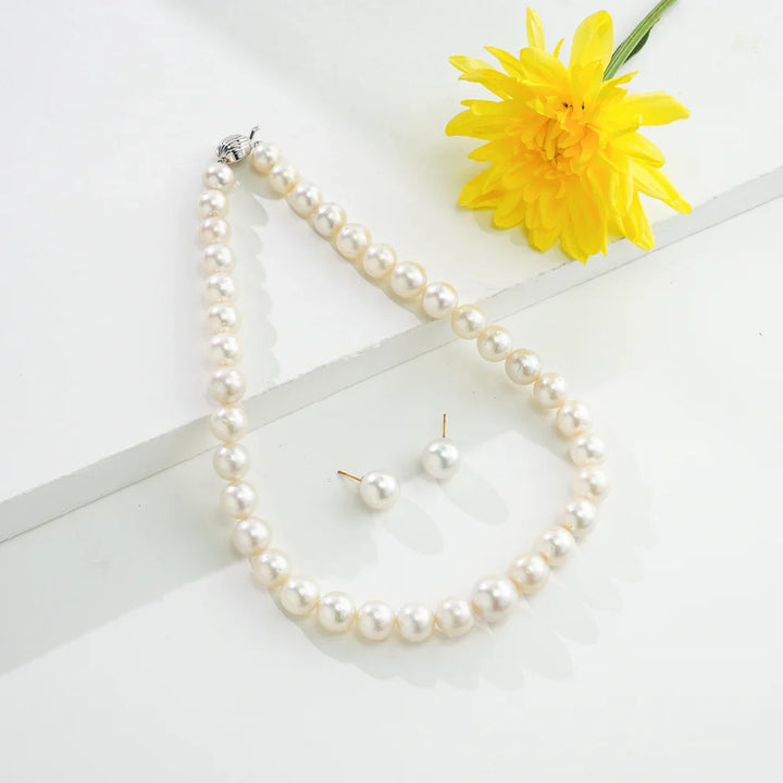 12.0-15.0mm Near Round White South Sea Pearls Necklace Set-AA Quality