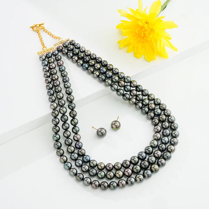 8.0-11.5mm Round Grading Black Tahitian Saltwater Pearl Necklace Set-AAA Quality