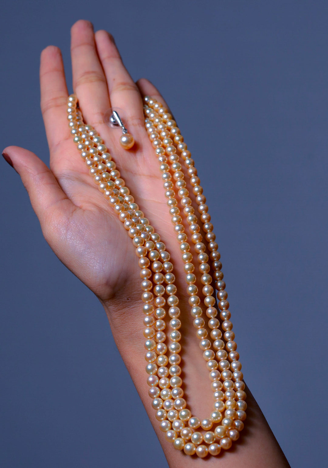 CP 1352 Three Strand Golden Saltwater Akoya Pearls Necklace Set