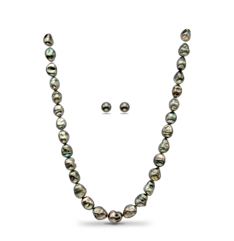 15.0-16.0mm Black Baroque Tahitian Saltwater Pearls Necklace Set - A Quality