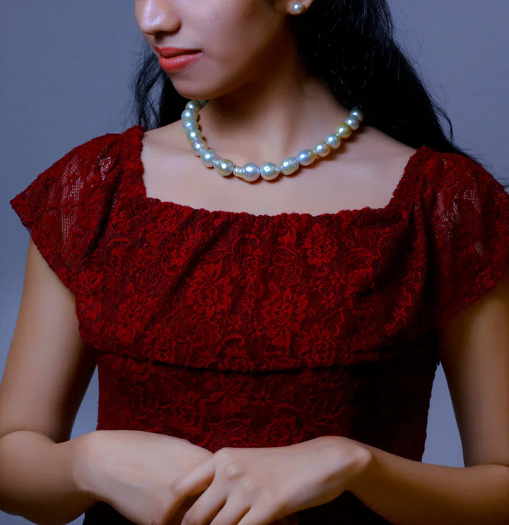 14.0-15.0mm Baroque Cream Saltwater South Sea Pearls Necklace Set-A Quality