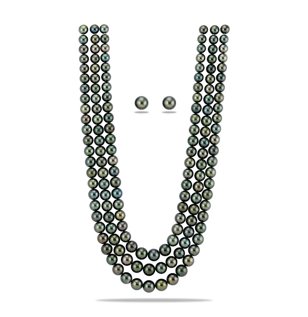 8.0-11.5mm Round Grading Black Tahitian Saltwater Pearl Necklace Set-AAA Quality