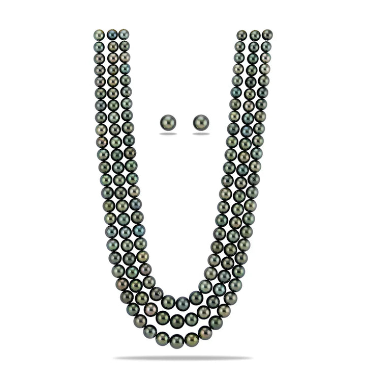 8.0-11.5mm Round Grading Black Tahitian Saltwater Pearl Necklace Set-AAA Quality