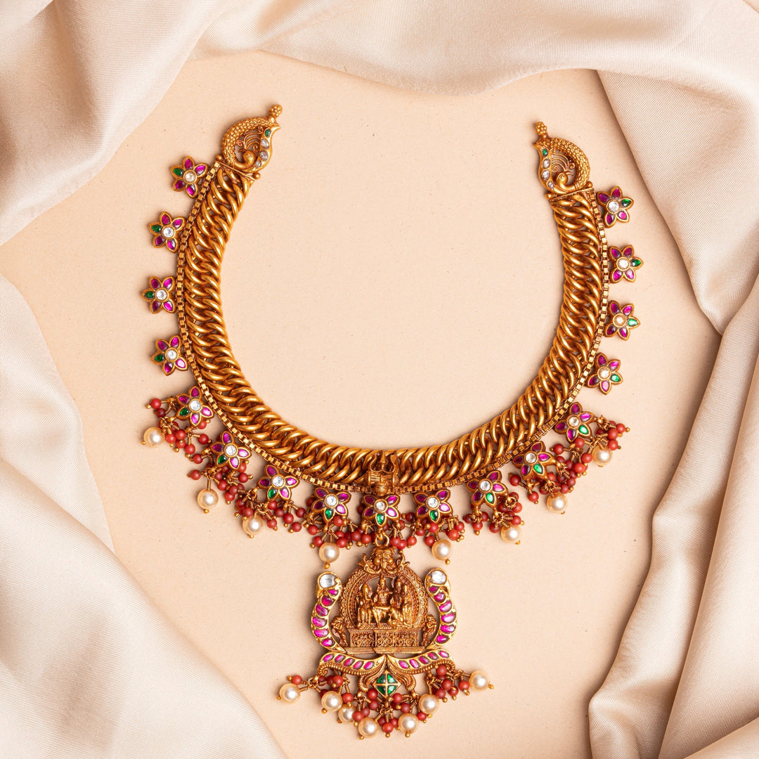92.5 Silver, Gold Plated Swarna Mandira Short Necklace | SHOBITAM