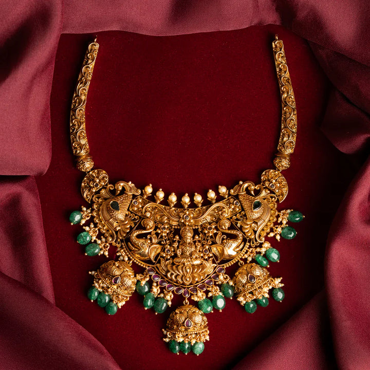 Pure 92.5 Silver Gold-Plated Lakshmi Peacock Elephant Design Necklace with Dangling Beads