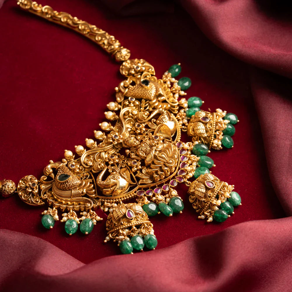 Pure 92.5 Silver Gold-Plated Lakshmi Peacock Elephant Design Necklace with Dangling Beads