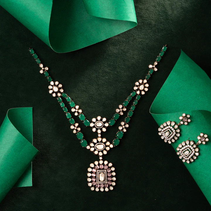 92.5 Silver, Gold Plated Duova Emerald Necklace Set