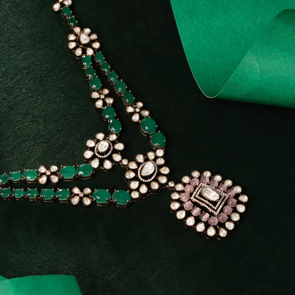 92.5 Silver, Gold Plated Duova Emerald Necklace Set